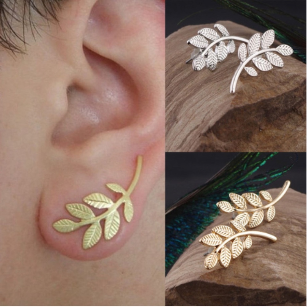 Silver Leaf & Branch Studs Ear Crawler Earrings - Picture 2 of 6